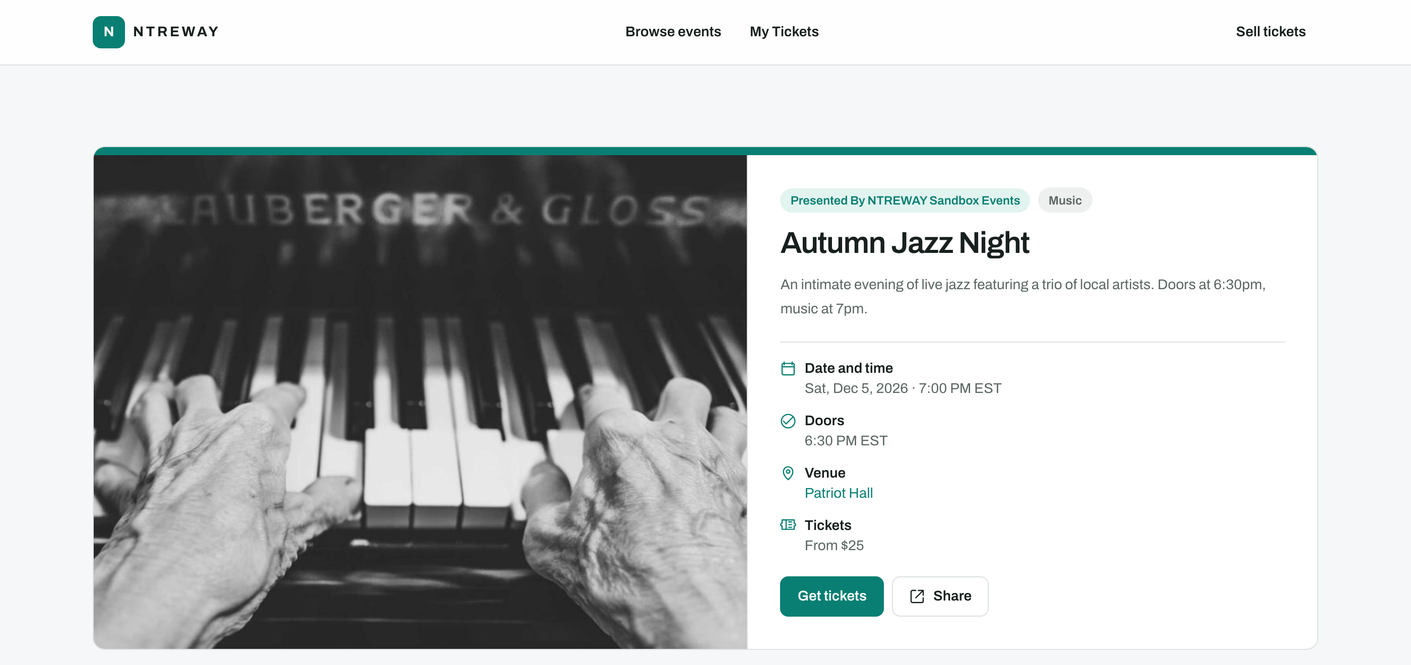 A published NTREWAY event page with the hero image, date, venue, and a Get tickets button