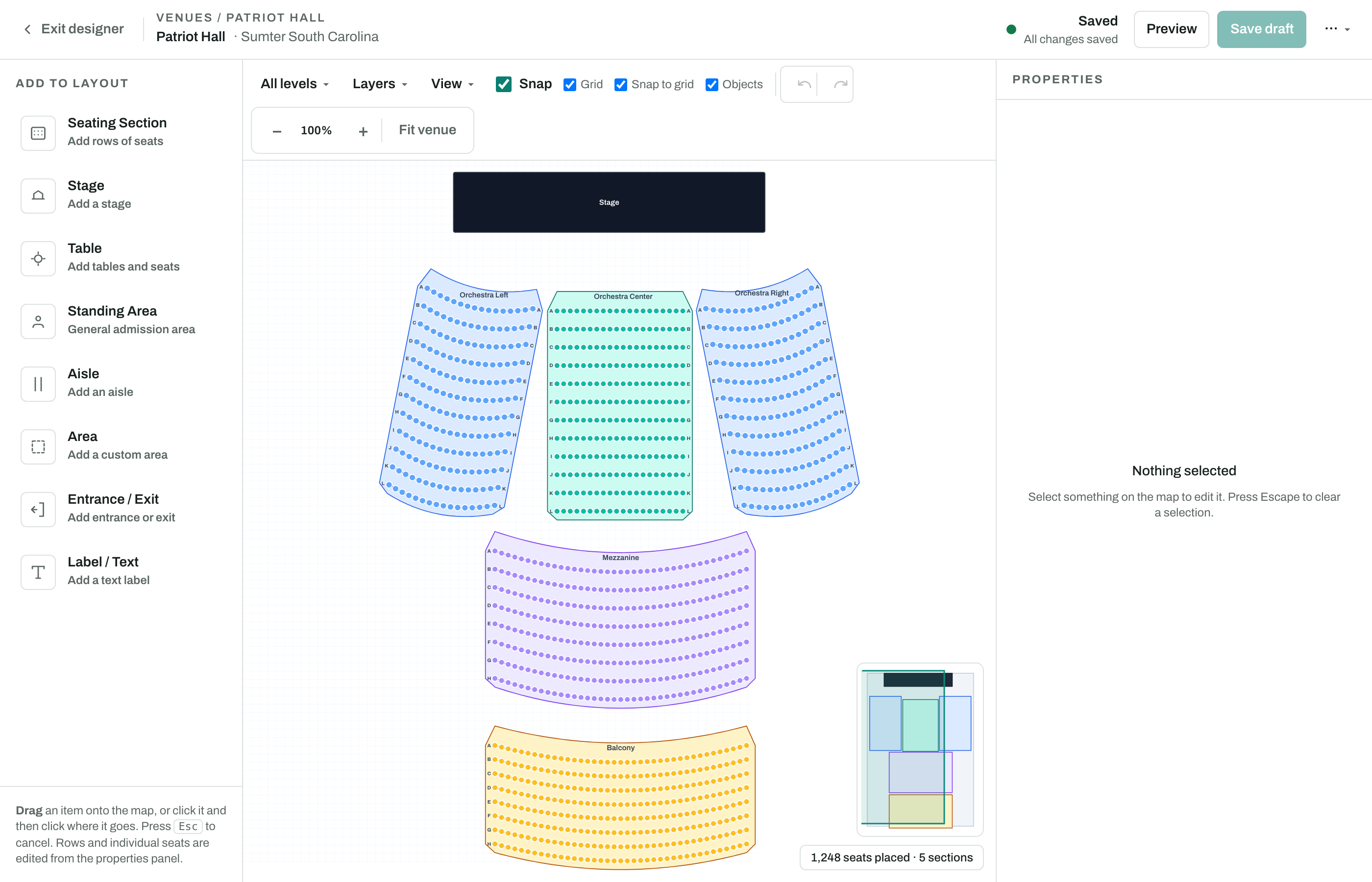 The NTREWAY seat-map editor showing sections, rows, and a stage on a venue canvas